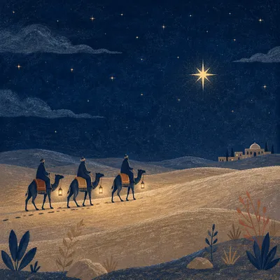 Wise Men Crossing Desert Under Bright Star