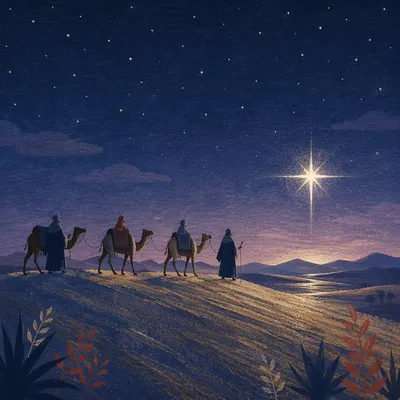 Wise Men Crossing Desert Under Advent Star