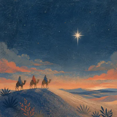 Wise Men Crossing Desert Toward Christmas Star