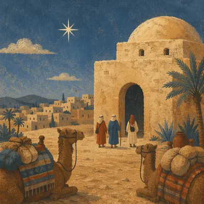 Wise Men Journey with Camels at Dusk