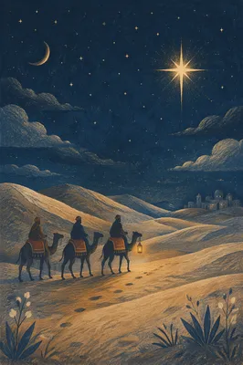 Wise Men Crossing Desert Under Star