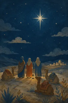Wise Men and Camels Beneath Christmas Star