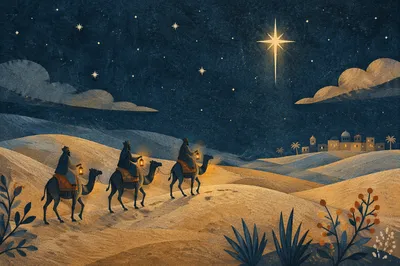 Wise Men Crossing Desert Under Bright Star