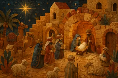 Wise Men and Camels Under Desert Star
