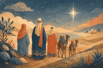 Wise Men and Camels Under Desert Star