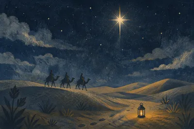 Wise Men Crossing Desert Under Christmas Star