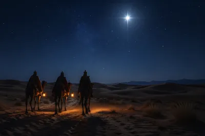 Wise Men Crossing Desert Beneath Christmas Star