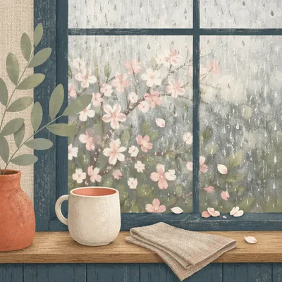 April Rain on Window with Blossoms