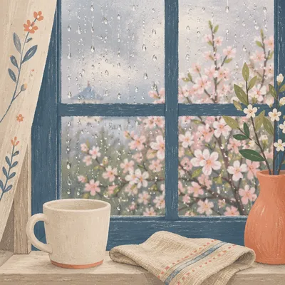 April Shower Window with Spring Blossoms
