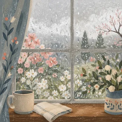 April Rain on Window with Blossoms