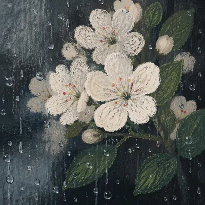 Spring Blossoms by Rain Speckled Window