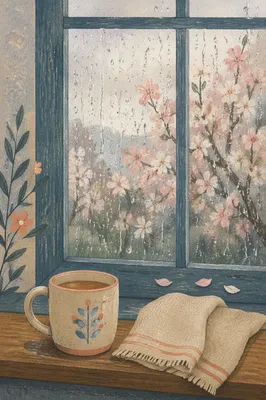 April Rain on Window with Spring Blossoms