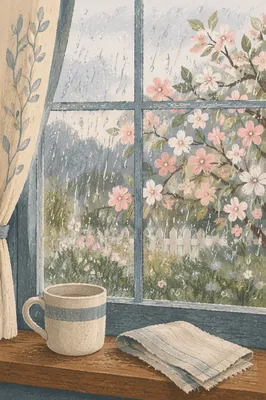 April Shower Window with Spring Blossoms