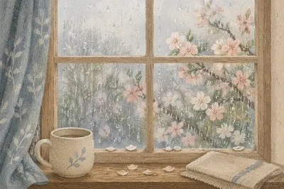 April Rain on Window with Spring Blossoms
