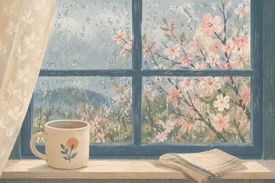April Shower Window with Spring Blossoms