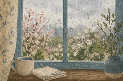 April Rain on Window with Spring Blossoms
