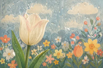 April Showers Tulip Through Rainy Window