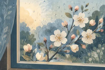 April Showers on Spring Blossom Window