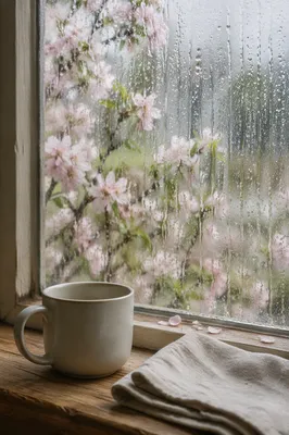 April Rain on Window with Spring Blossoms