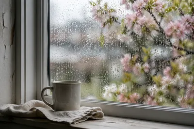 April Shower Window with Spring Blossoms