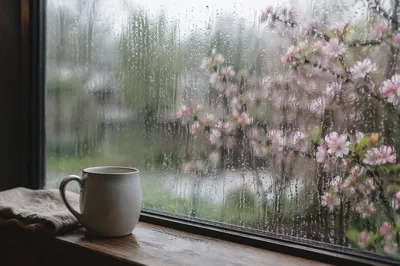 April Rain on Window with Spring Blossoms