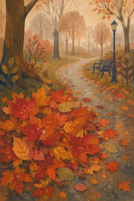 Autumn Leaves Pile on Misty Park Path