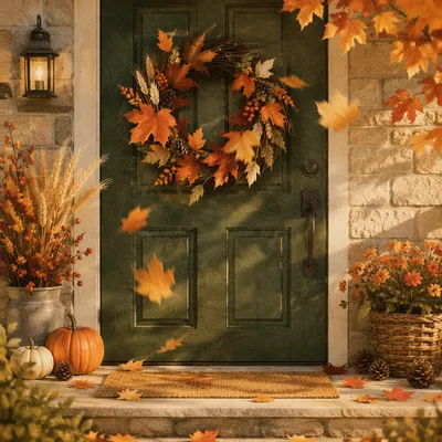 Autumn Wreath on Green Front Door