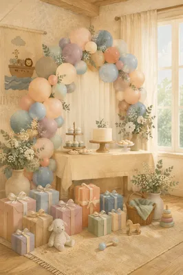 Pastel Baby Shower Decorations in Sunlit Room