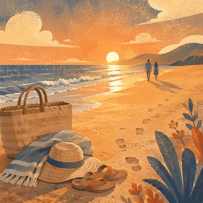 Golden Beach Sunset Summer Vacation Scene