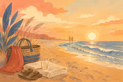 Golden Beach Sunset Summer Vacation Scene