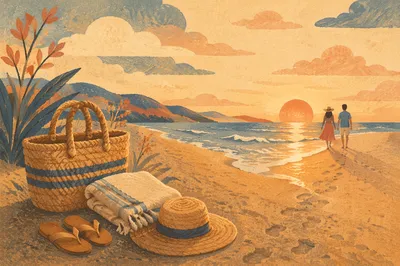 Golden Beach Sunset Summer Vacation Scene