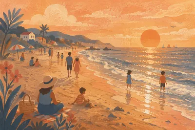 Golden Hour Beach Sunset Vacation Scene