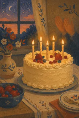 Cozy Birthday Cake with Glowing Candles