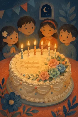 Close-Up Birthday Cake with Lit Candles