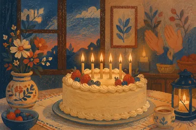 Cozy Birthday Cake with Glowing Candles