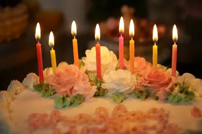 Close-Up Birthday Cake with Lit Candles