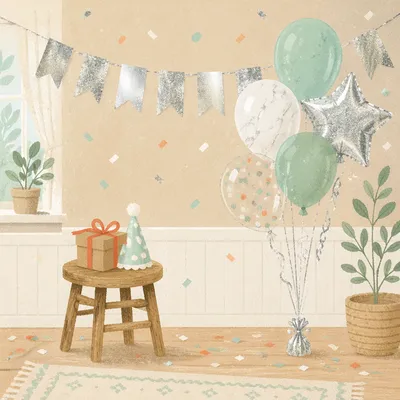Festive Birthday Balloons and Banner Interior