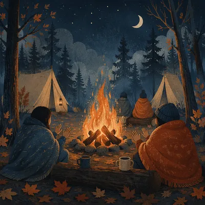 Cozy Autumn Bonfire in Forest Night