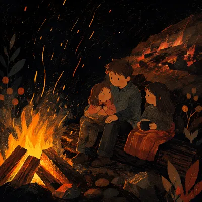 Cozy Autumn Bonfire Flames at Night