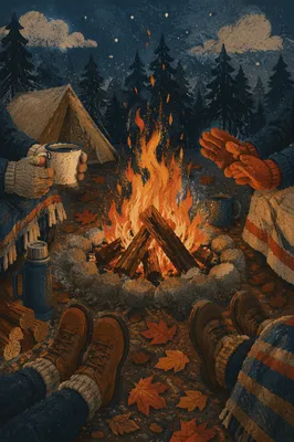 Cozy Autumn Bonfire in Pine Forest