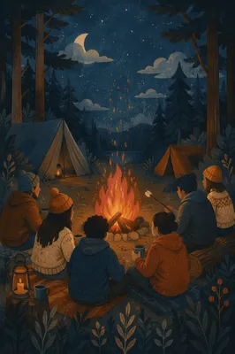 Cozy Autumn Bonfire in Forest Night