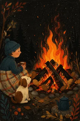 Cozy Autumn Bonfire Flames at Night