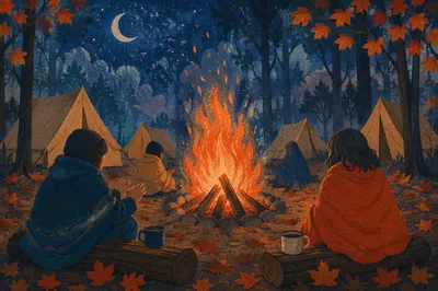 Cozy Autumn Bonfire Night in Forest