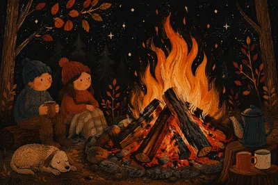 Cozy Autumn Bonfire Flames at Night