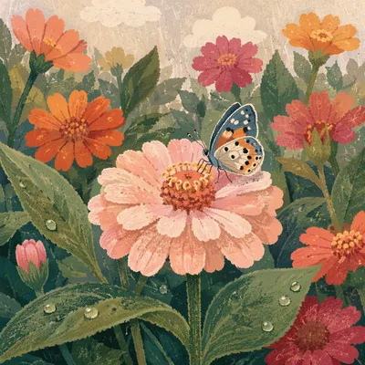 Spring Butterfly Garden with Pink Bloom