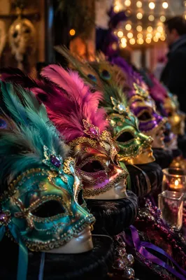 Colorful Carnival Masks with Feathers Display