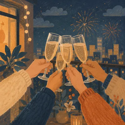 Midnight Champagne Toast on New Year Balcony