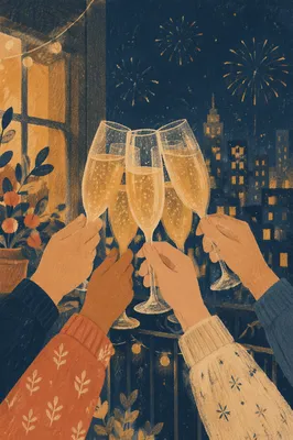 Midnight Champagne Toast on New Year Balcony
