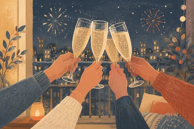 Midnight Champagne Toast on New Year Balcony