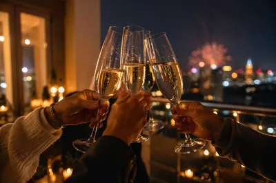 Midnight Champagne Toast on New Year Balcony